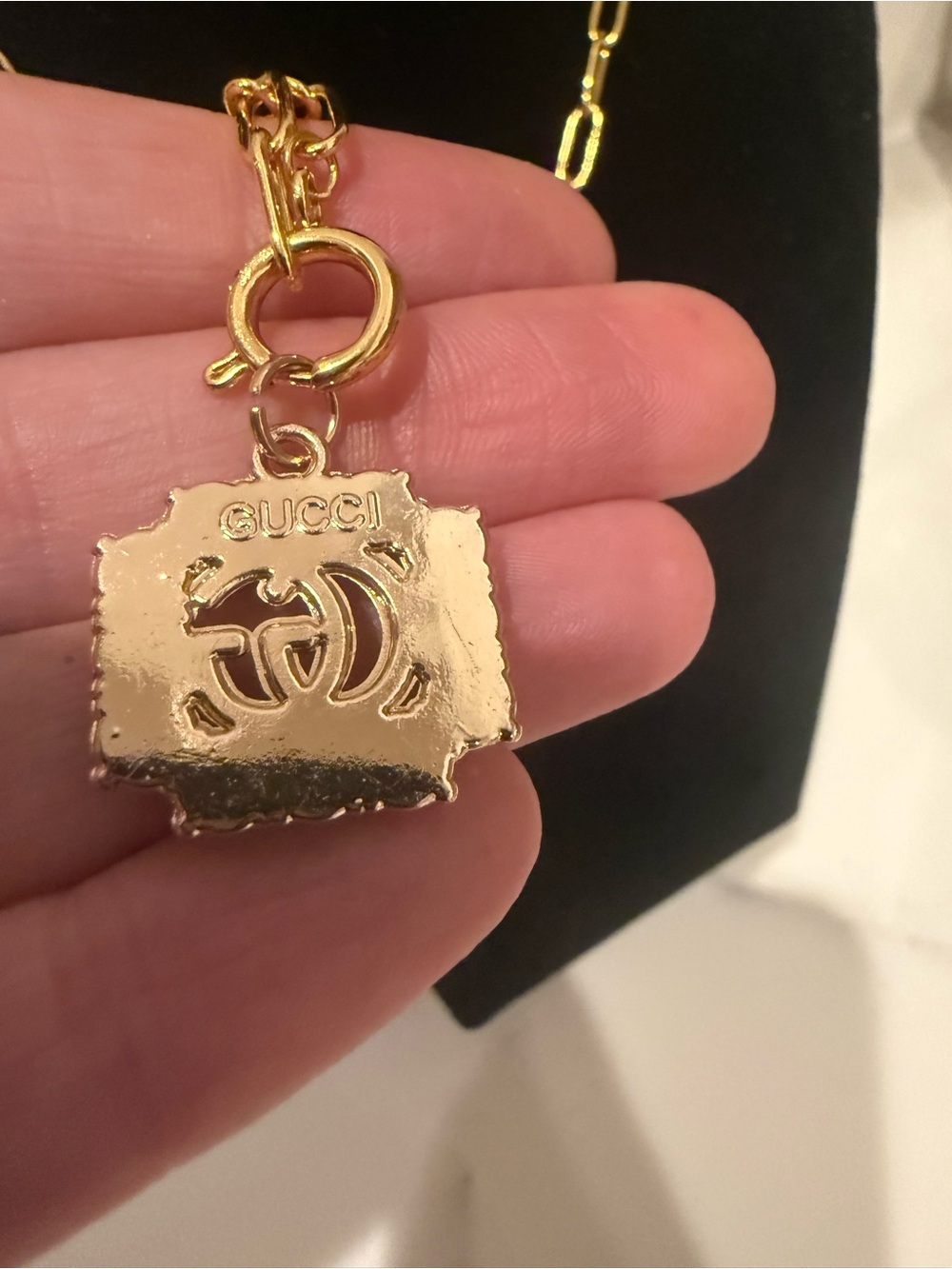 Upcycled Gucci Gold Crystal GG Charm Pendant Necklace - Picture 4 of 12